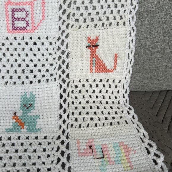 Handmade Crochet Baby Afghan Patchwork Granny Square Cross Stitch Detail - Picture 3 of 7